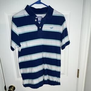 Hollister Surf Shop Men's Polo Shirt Medium Blue Teal White Striped Y2K Style